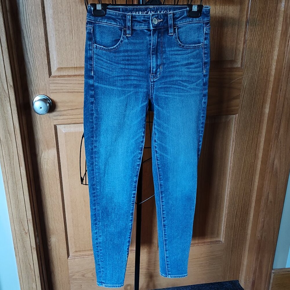 American Eagle super hi-rise jeggings, blue, VG used cond. size 0 short